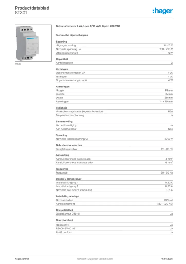 Afbeelding Hager Productdatablad ST301 | Hager Nederland