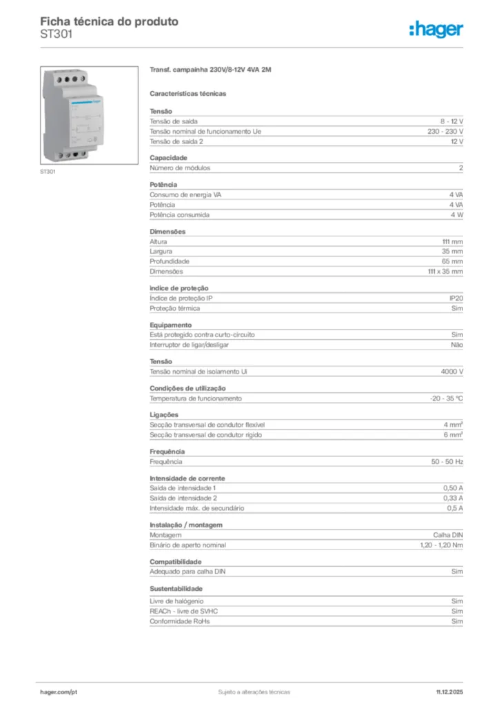 Imagem Hager Ficha técnica do produto ST301 | Hager Portugal