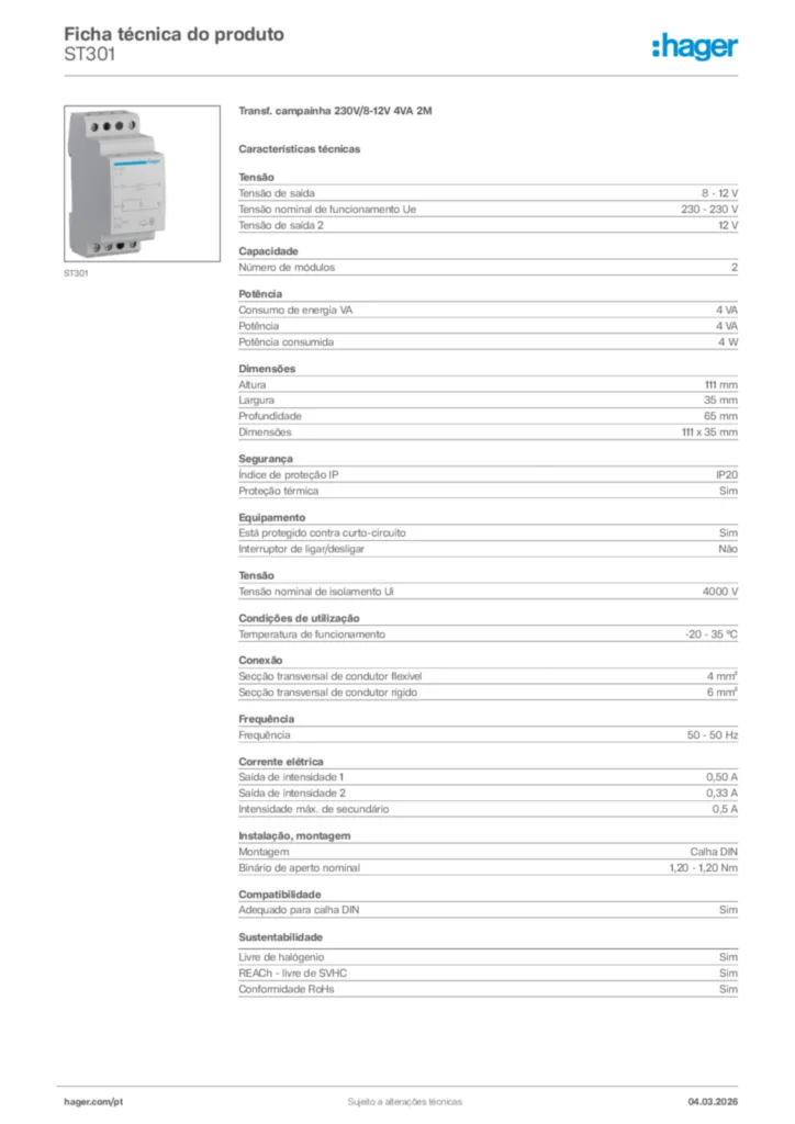 Imagem Hager Ficha técnica do produto ST301 | Hager Portugal