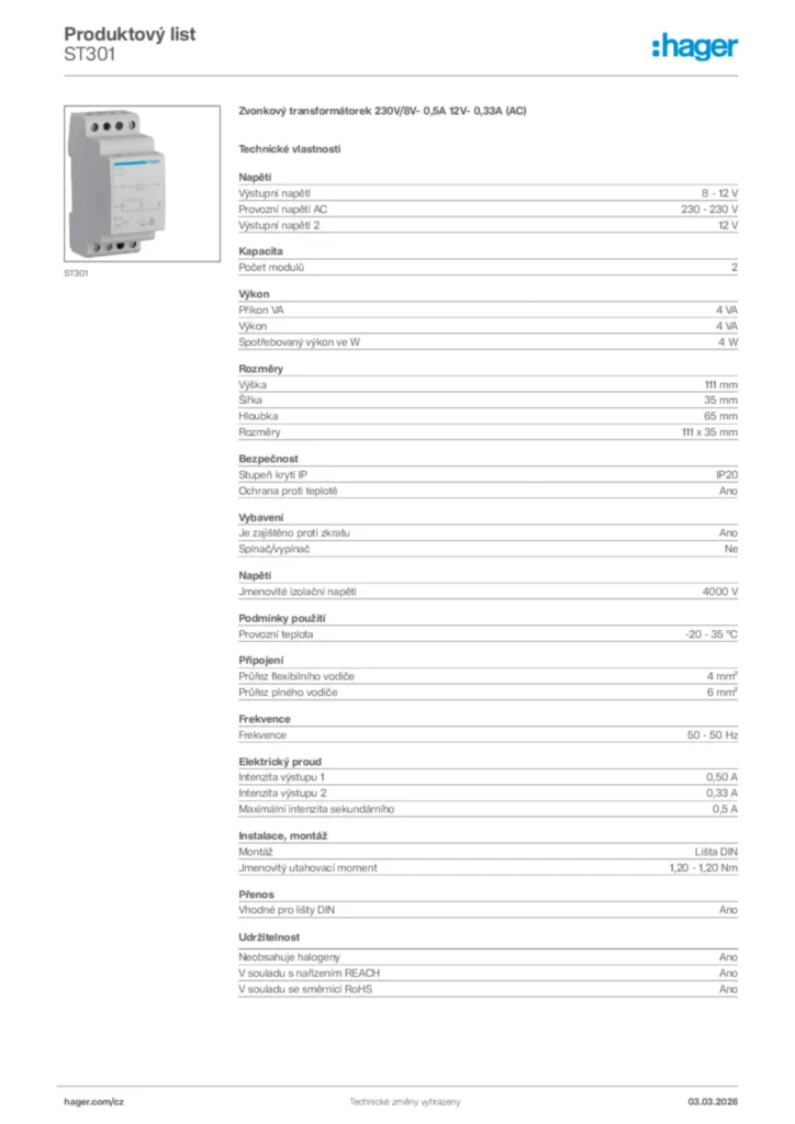 Obrázek Hager Product data sheet ST301 | Hager