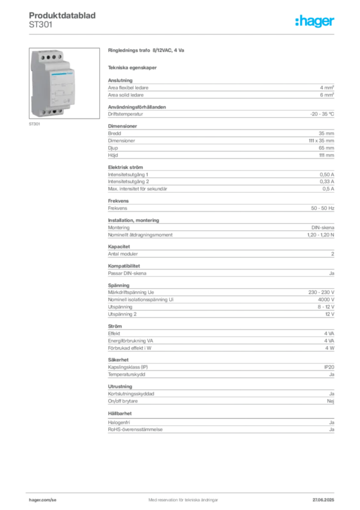 Bild Hager Produktdatablad ST301 | Hager Sverige