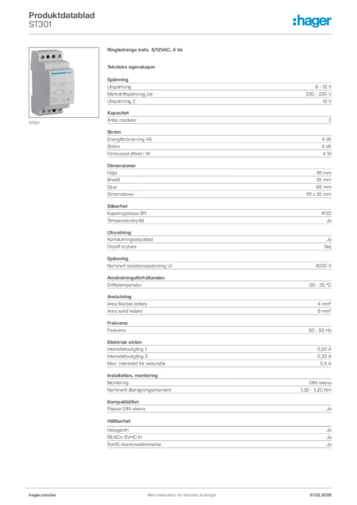 Bild Hager Produktdatablad ST301 | Hager Sverige