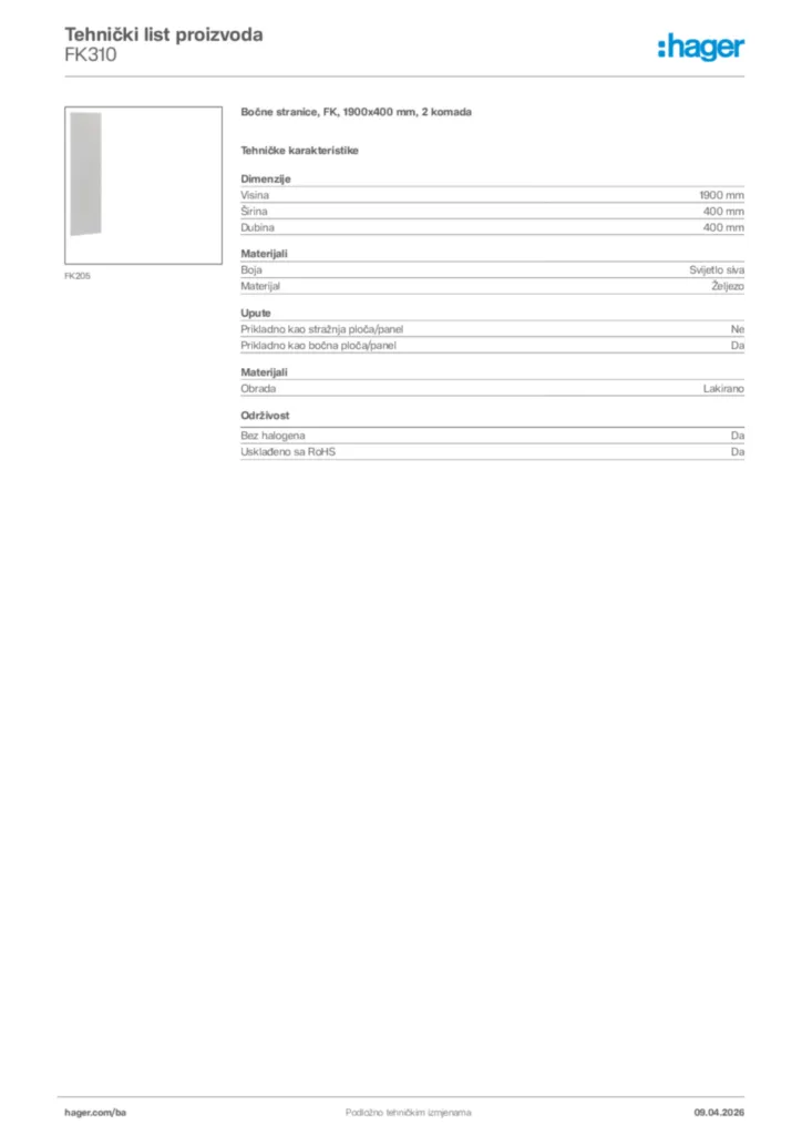 Slika Hager Tehnički list proizvoda FK310  | Hager