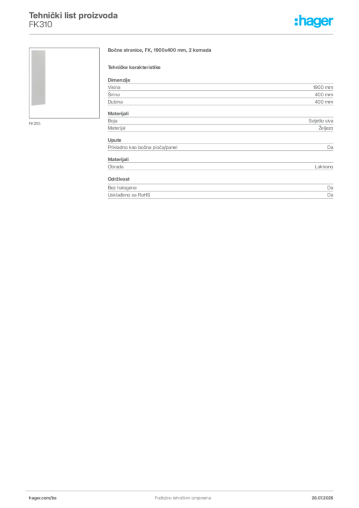 Slika Hager Product data sheet FK310  | Hager