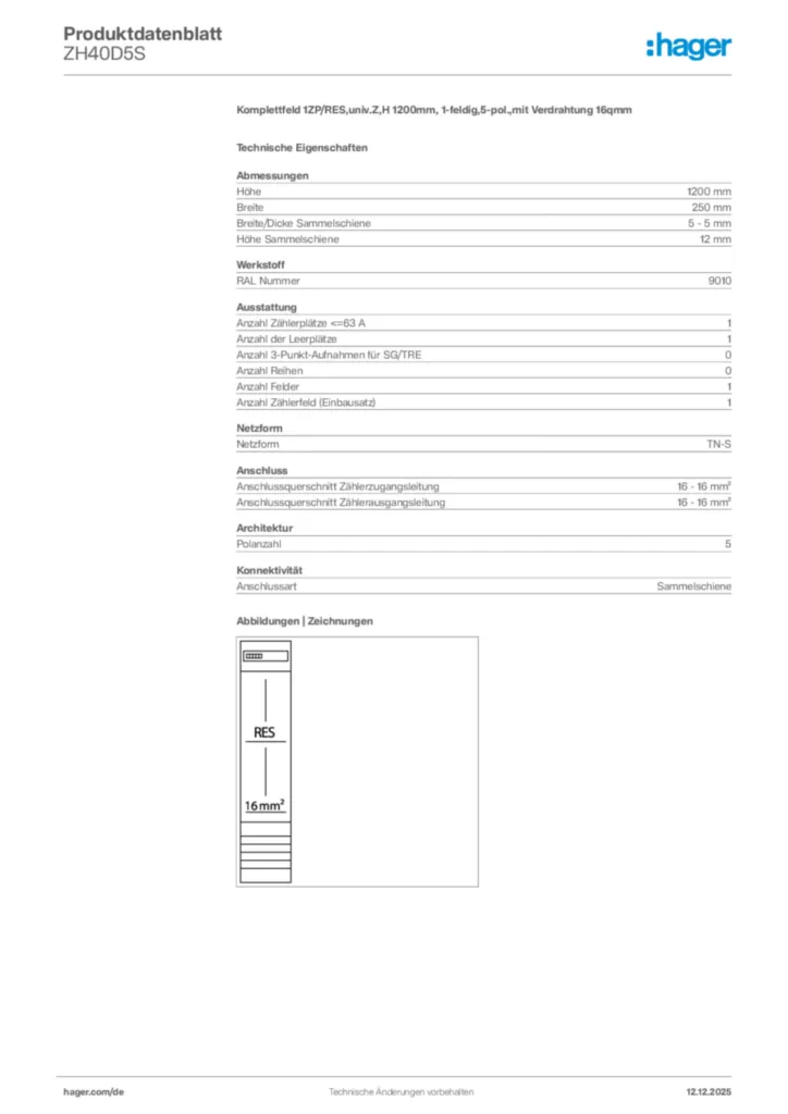 Bild Hager Produktdatenblatt ZH40D5S | Hager Deutschland