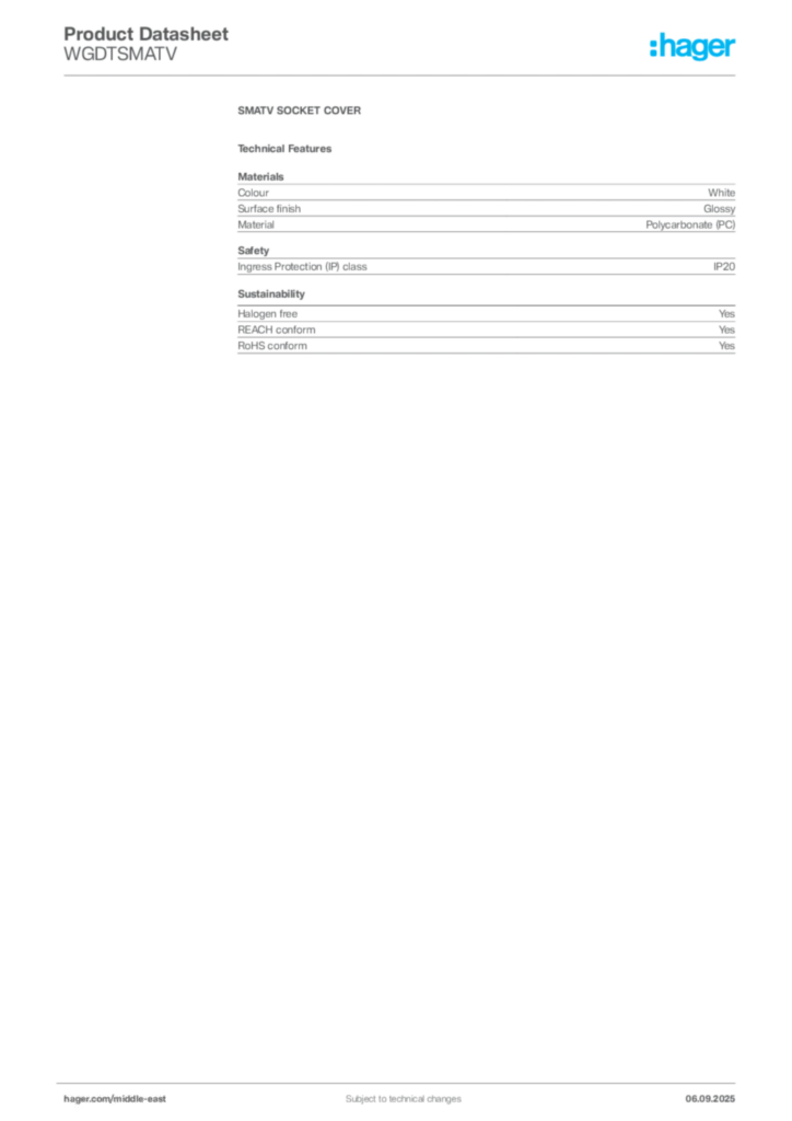 Image Hager Product data sheet WGDTSMATV  | Hager