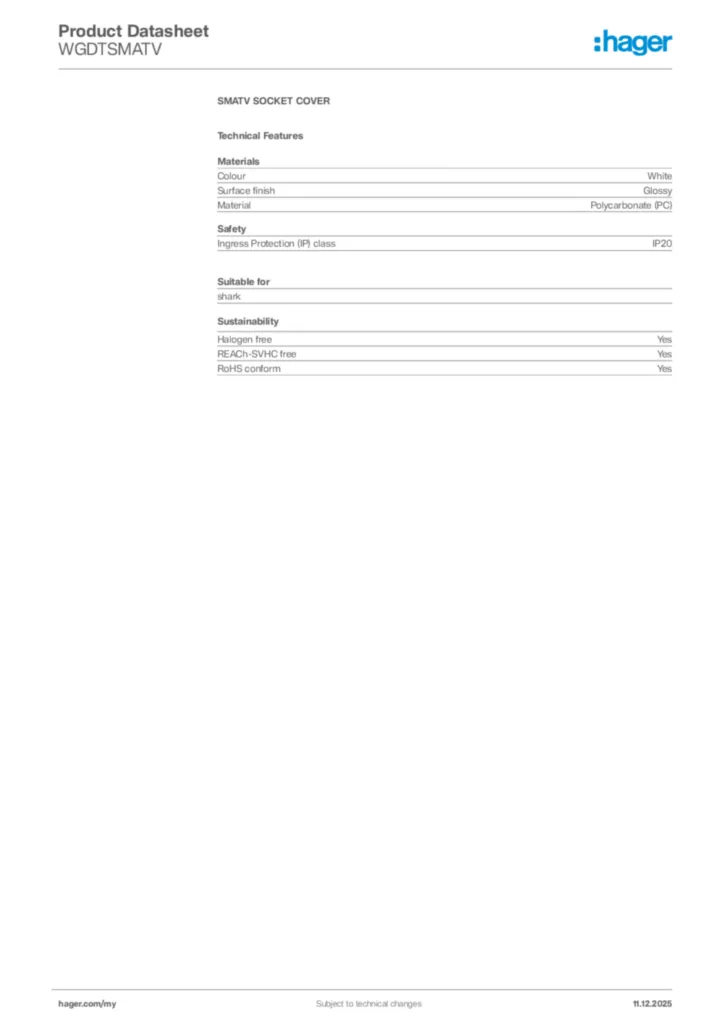Image Hager Product data sheet WGDTSMATV  | Hager