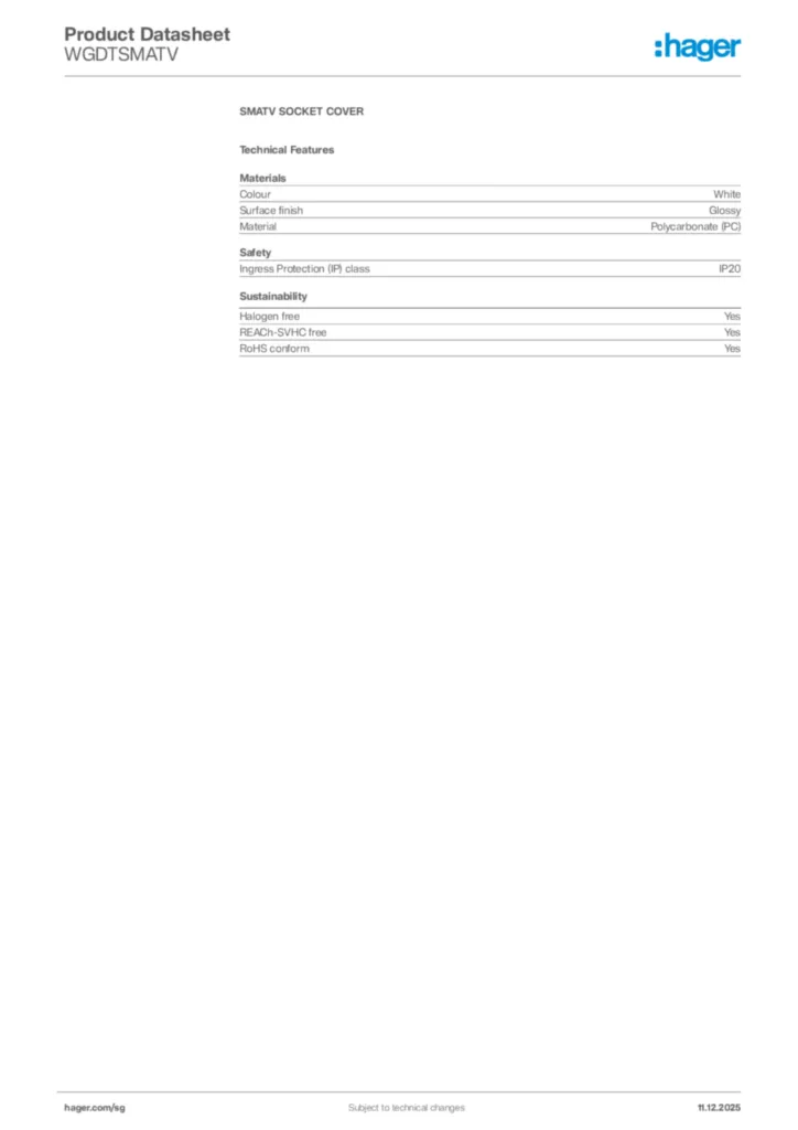 Image Hager Product data sheet WGDTSMATV  | Hager
