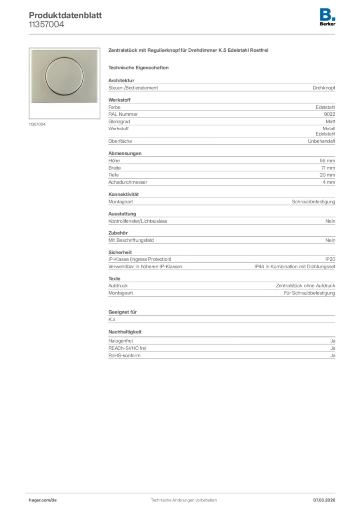 Bild Berker Produktdatenblatt 11357004 | Hager Deutschland