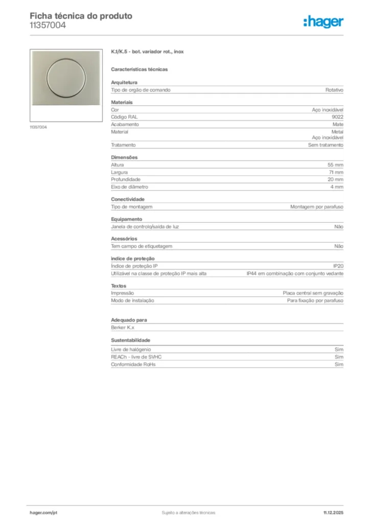 Imagem Hager Ficha técnica do produto 11357004 | Hager Portugal