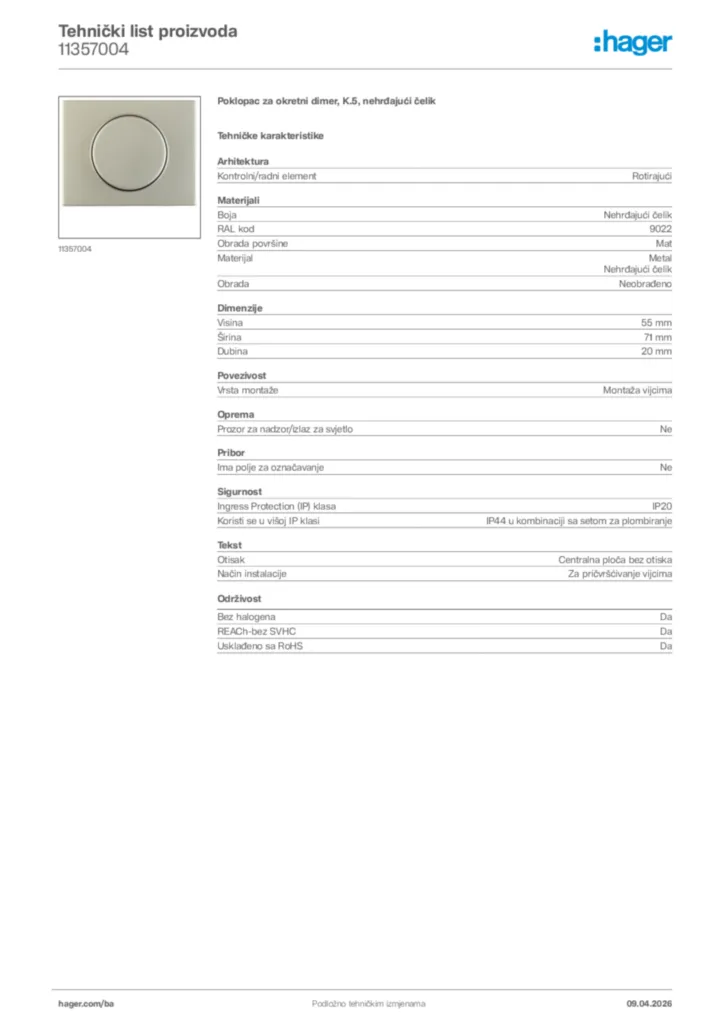 Slika Hager Tehnički list proizvoda 11357004  | Hager