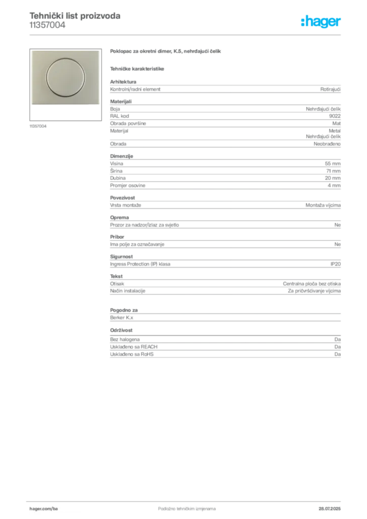 Slika Hager Product data sheet 11357004  | Hager