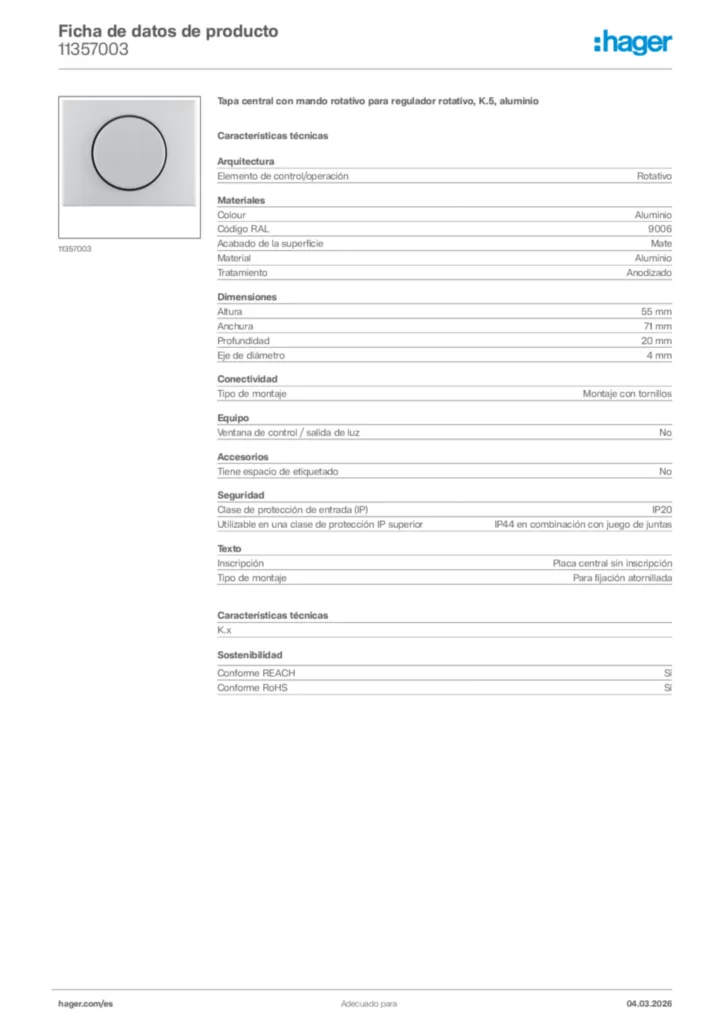 Imagen Hager Ficha de datos de producto 11357003 | Hager España