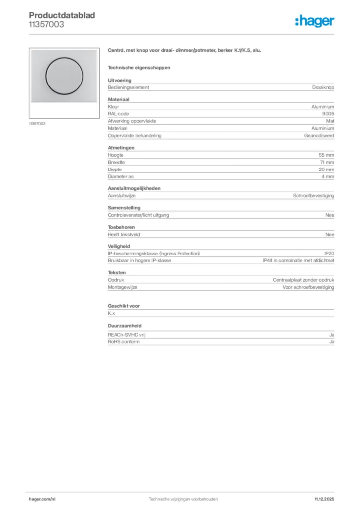 Afbeelding Hager Productdatablad 11357003 | Hager Nederland