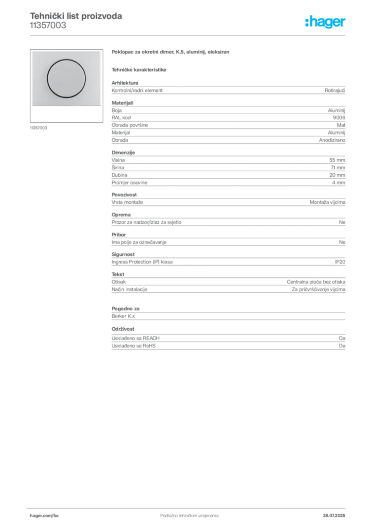 Slika Hager Product data sheet 11357003  | Hager
