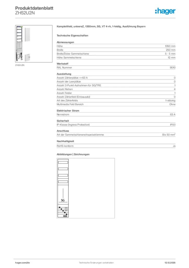 Bild Hager Produktdatenblatt ZH52U2N | Hager Deutschland