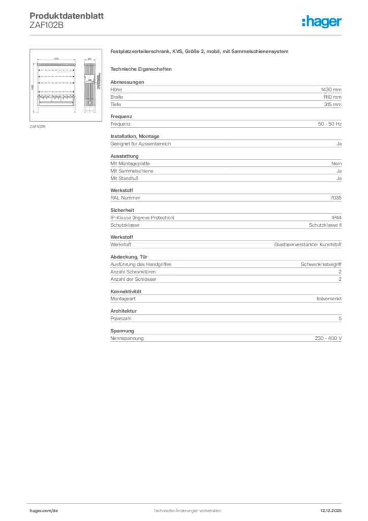 Bild Hager Produktdatenblatt ZAF102B | Hager Deutschland