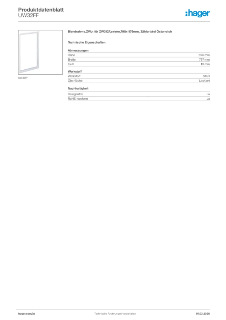 Bild Hager Produktdatenblatt UW32FF | Hager Deutschland