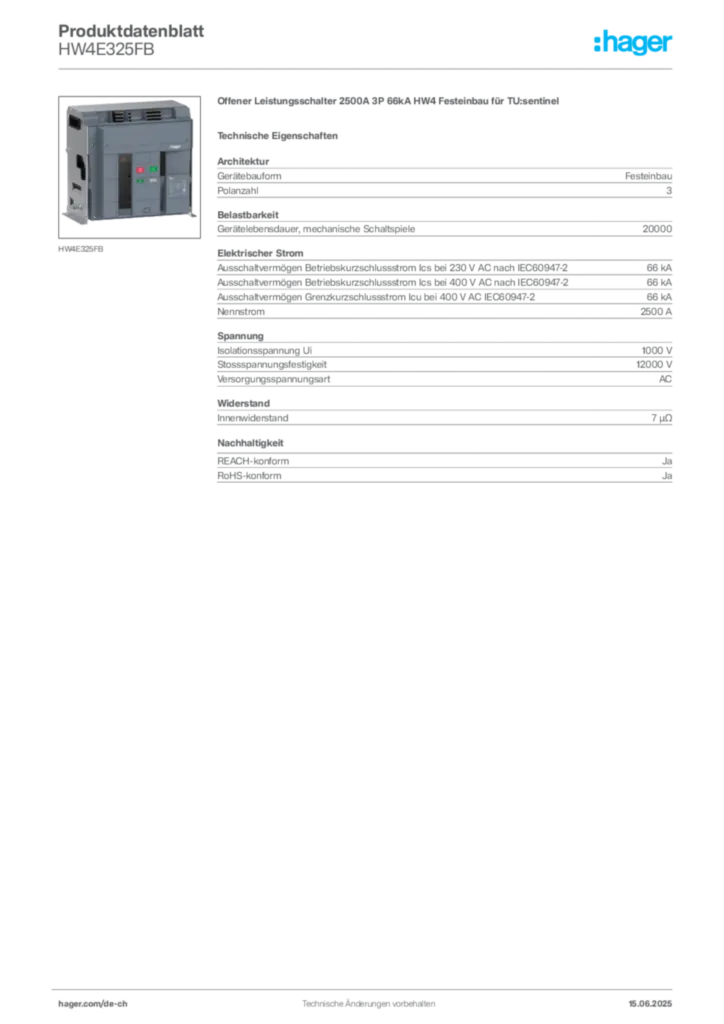 Bild Hager Produktdatenblatt HW4E325FB | Hager Schweiz