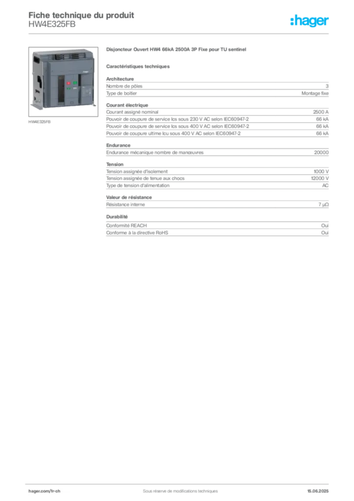 Image Hager Fiche technique du produit HW4E325FB | Hager Suisse