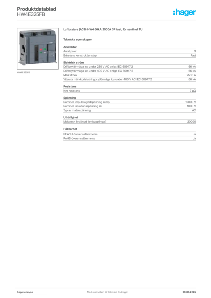 Bild Hager Produktdatablad HW4E325FB | Hager Sverige