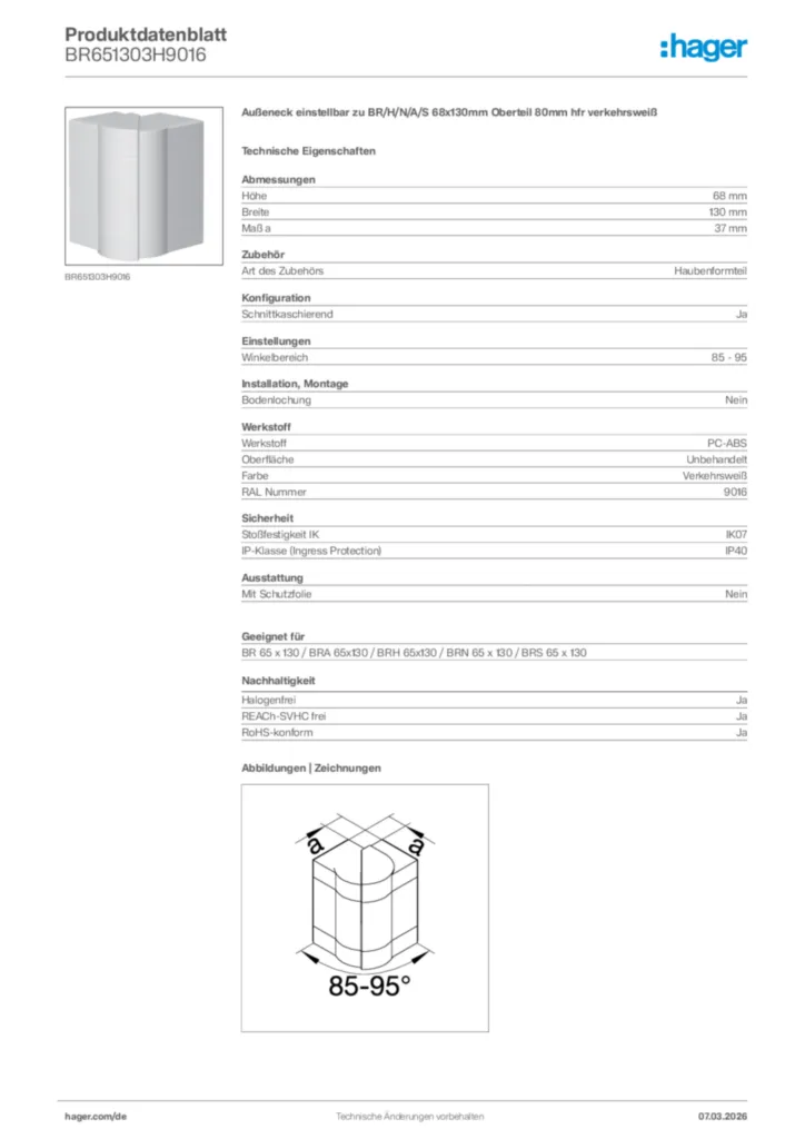 Bild Hager Produktdatenblatt BR651303H9016 | Hager Deutschland