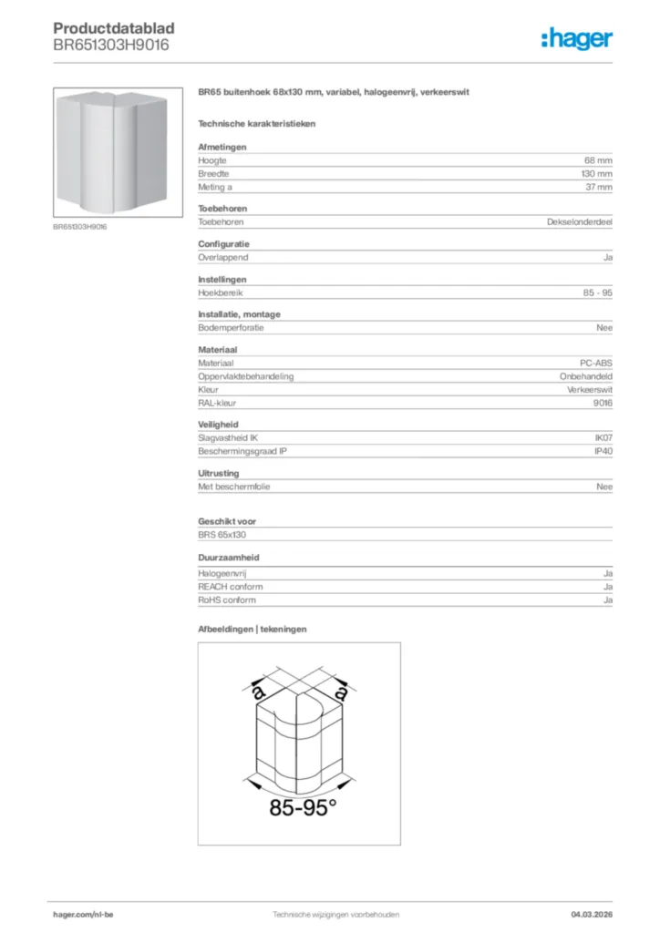 Afbeelding Hager Productdatablad BR651303H9016 | Hager Belgium