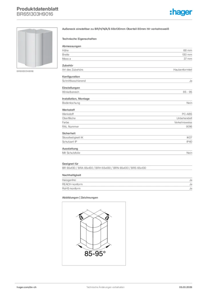 Bild Hager Produktdatenblatt BR651303H9016 | Hager Schweiz