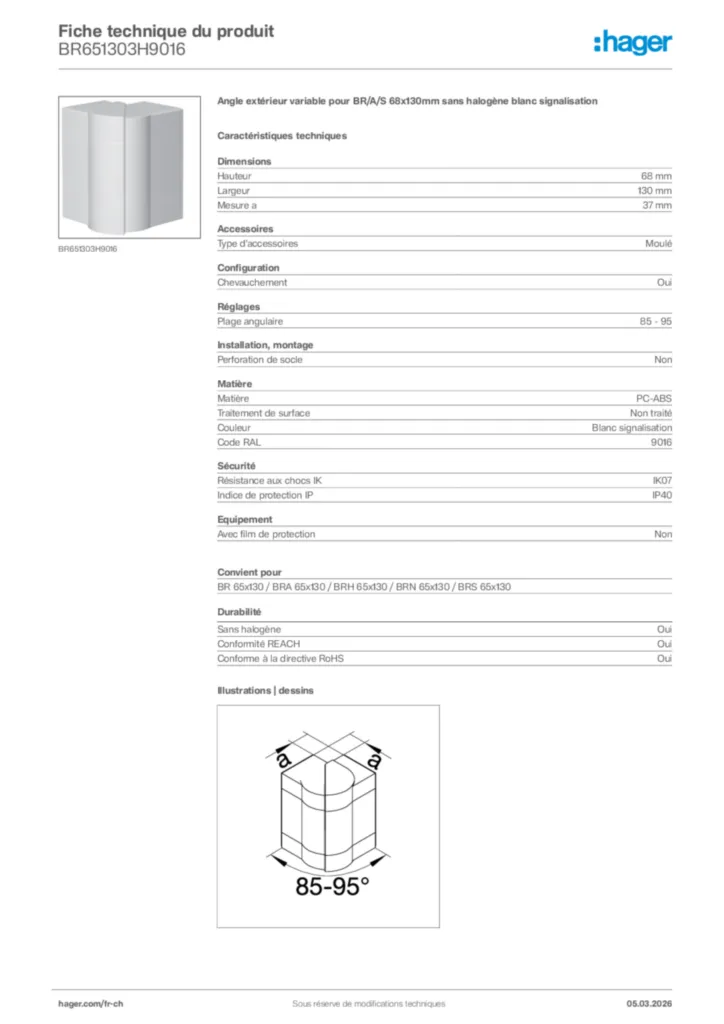 Image Hager Fiche technique du produit BR651303H9016 | Hager Suisse