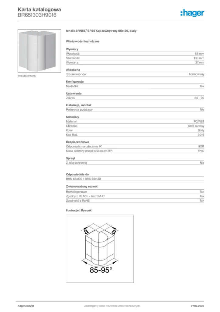 Zdjęcie Hager Karta katalogowa BR651303H9016 | Hager Polska