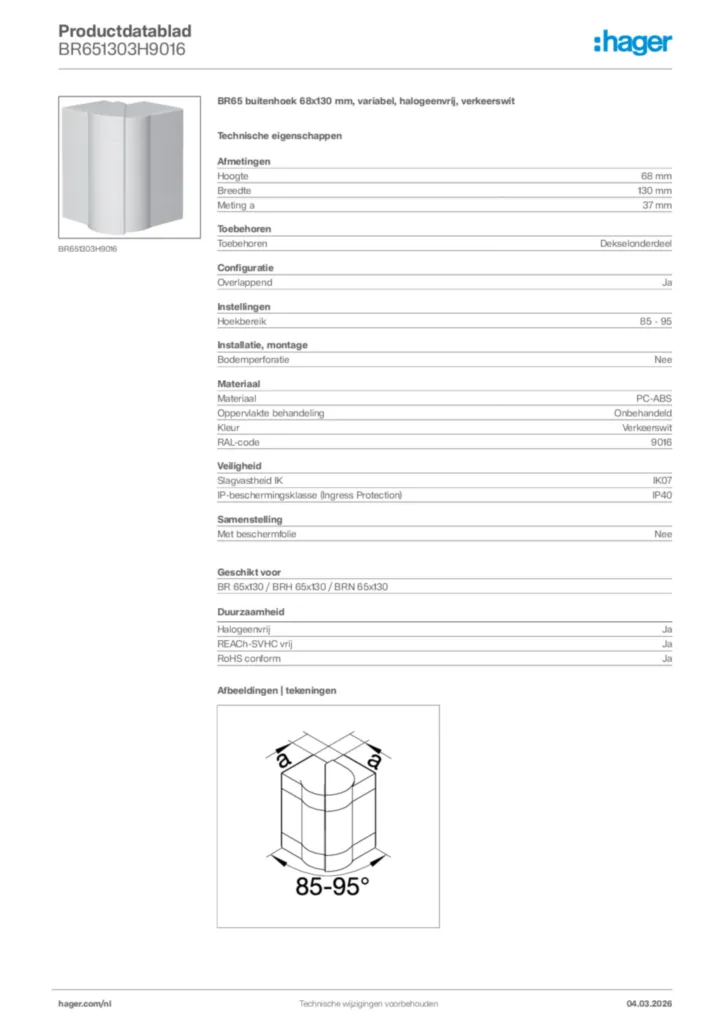 Afbeelding Hager Productdatablad BR651303H9016 | Hager Nederland