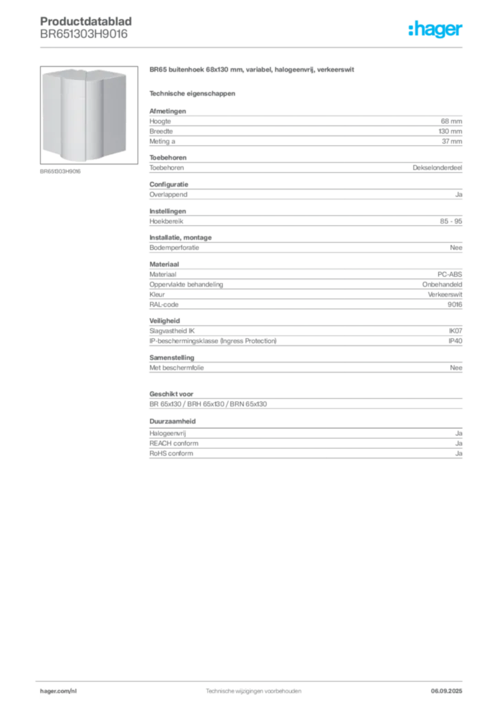Afbeelding Hager Productdatablad BR651303H9016 | Hager Nederland