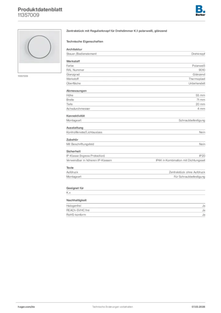 Bild Berker Produktdatenblatt 11357009 | Hager Deutschland