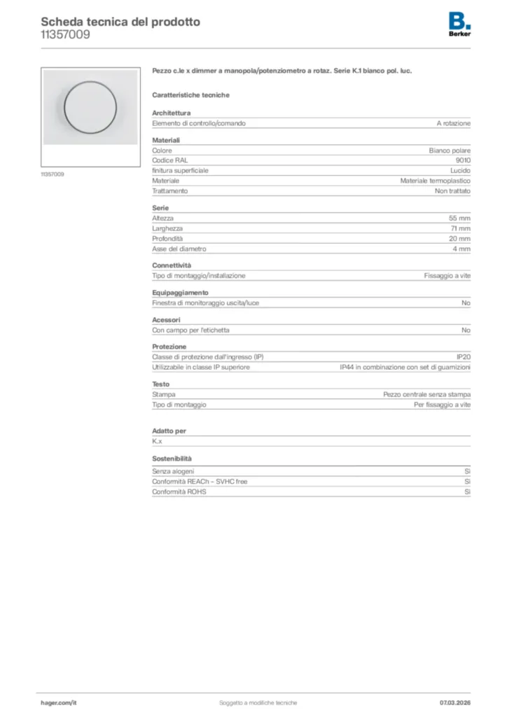 Immagine Berker Scheda tecnica del prodotto 11357009 | Hager Italia