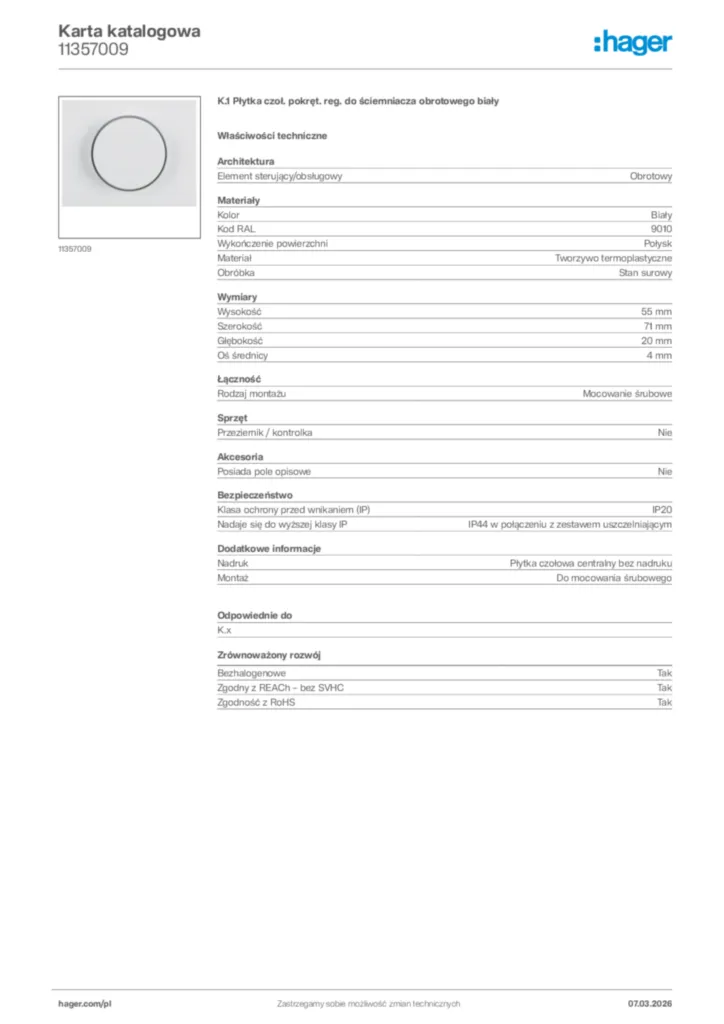 Zdjęcie Hager Karta katalogowa 11357009 | Hager Polska