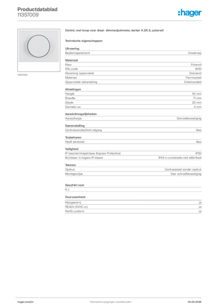 Afbeelding Hager Productdatablad 11357009 | Hager Nederland