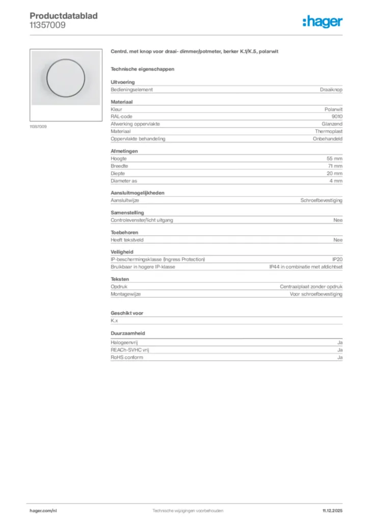 Afbeelding Hager Productdatablad 11357009 | Hager Nederland