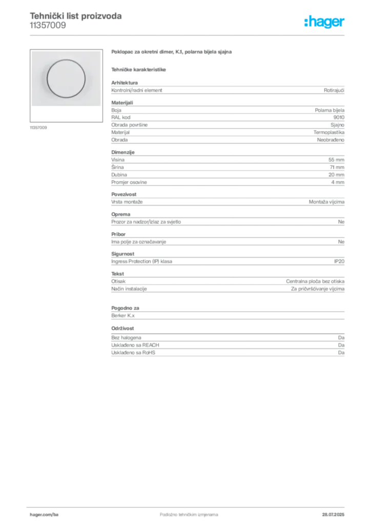 Slika Hager Product data sheet 11357009  | Hager