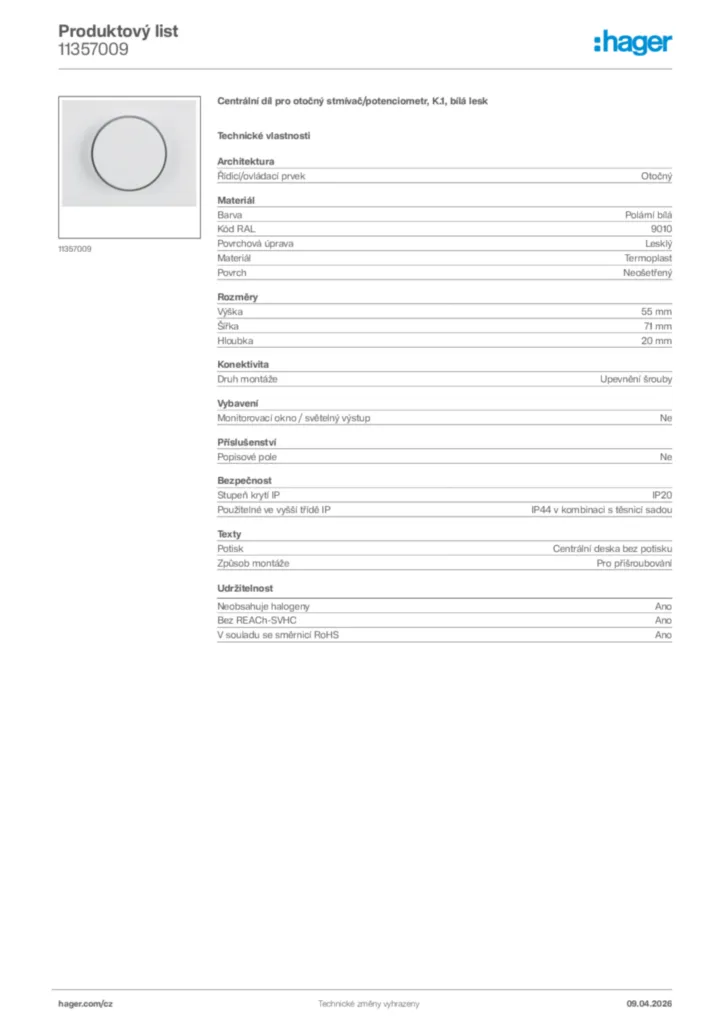 Obrázek Hager Product data sheet 11357009 | Hager