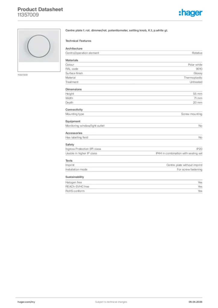 Image Hager Product data sheet 11357009  | Hager