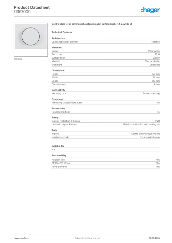 Image Hager Product data sheet 11357009  | Hager