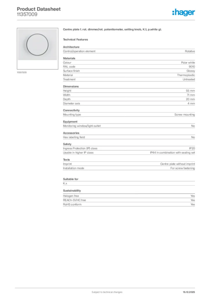 Image Hager Product data sheet 11357009  | Hager