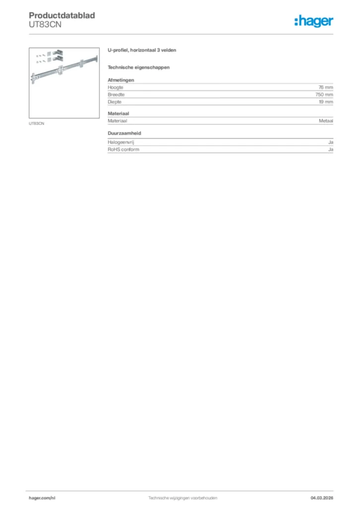 Afbeelding Hager Productdatablad UT83CN | Hager Nederland