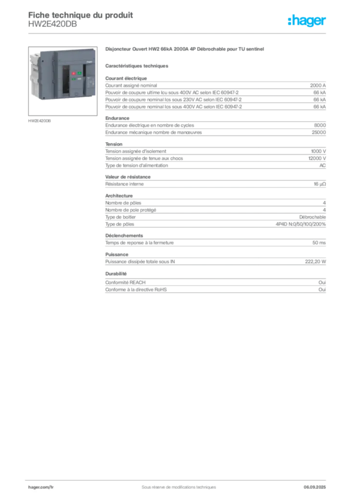 Image Hager Fiche technique du produit HW2E420DB | Hager France