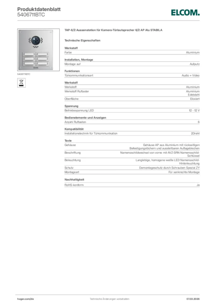Bild Elcom Produktdatenblatt 5406711BTC | Hager Deutschland