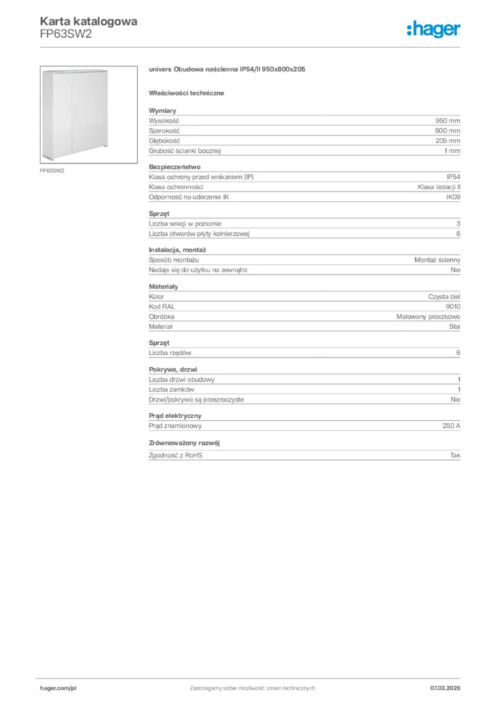Zdjęcie Hager Karta katalogowa FP63SW2 | Hager Polska