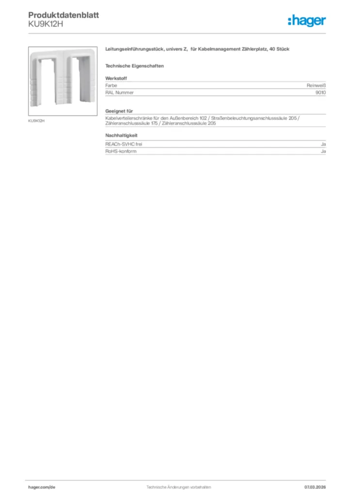Bild Hager Produktdatenblatt KU9K12H | Hager Deutschland
