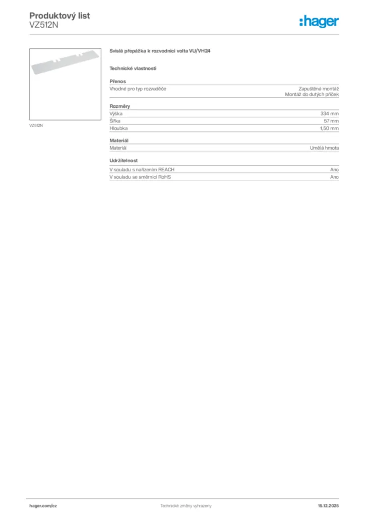 Obrázek Hager Produktový list VZ512N | Hager