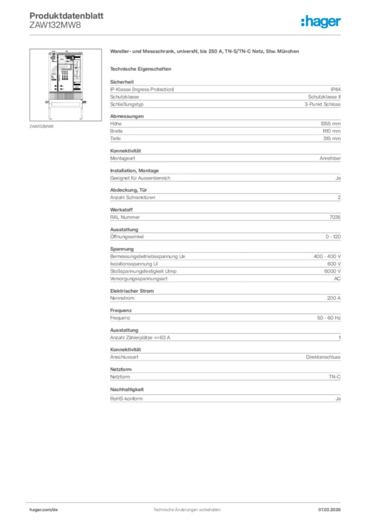 Bild Hager Produktdatenblatt ZAW132MW8 | Hager Deutschland