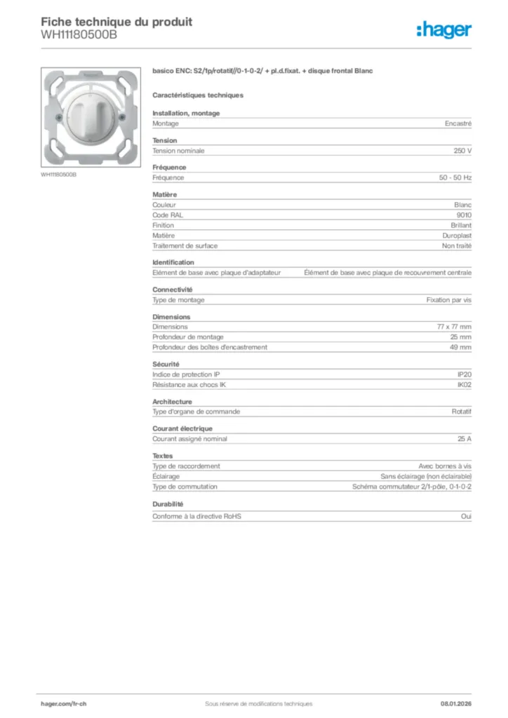 Image Hager Fiche technique du produit WH11180500B | Hager Suisse